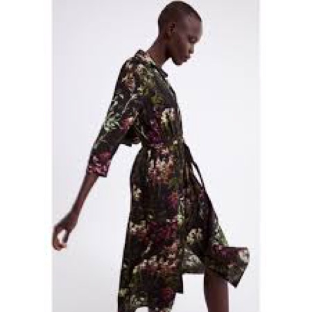 Zara Black Floral Button Down Midi Dress Women’s Size Medium